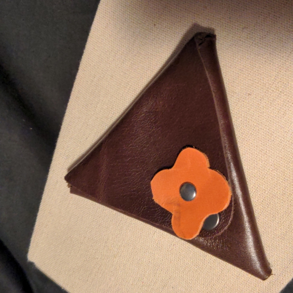 Handmade Genuine Leather Triangle 2 Pocket Coin Purse Orange Flower Snap Closure